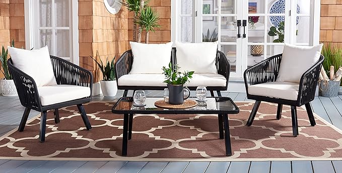 Safavieh Outdoor Collection Jorda Wicker Cushion 4-Piece Rope Patio Backyard Living Set PAT7518B, Black/Beige