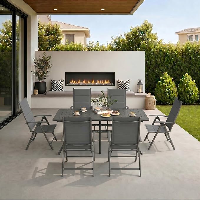 PURPLE LEAF Outdoor Dining Set for 6 Folding Patio Dining Set with Aluminum Rectangular Table and Padded Chairs All Weather Dining Table Sets for Garden Backyard Poolside, Grey
