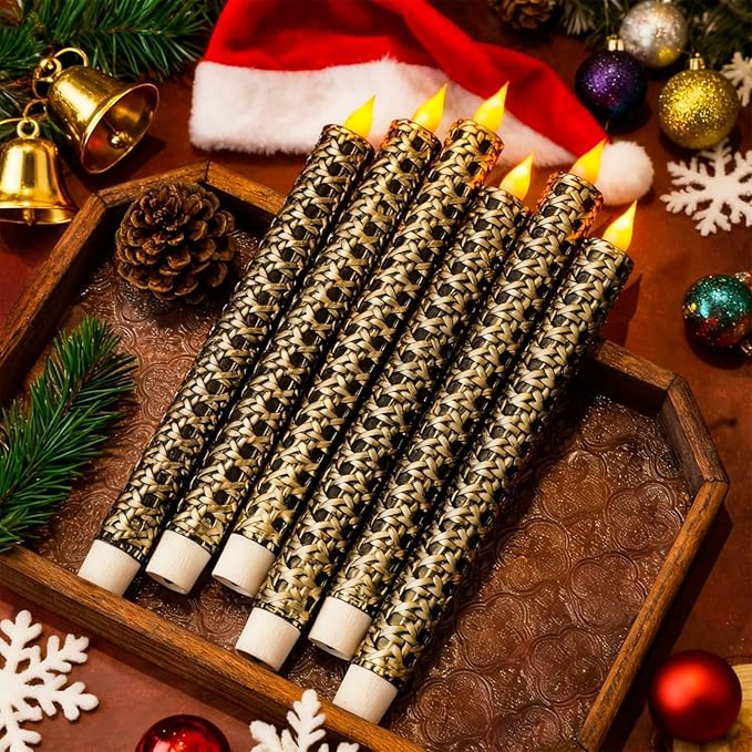 6 Pcs Black and Gold Flameless Taper Candles - 9.65 Inch Battery Operated LED Candlesticks with Flickering Flame for Elegant Table, Wedding & Home Decor