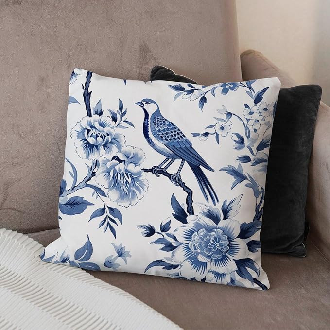Blue Indigo Floral Chinoiserie Pillowcase Asian Navy Lotus Bird Pillowcase 18x18 INFarmhouse Accent Farmhouse Decor Pillow for Patio Furniture Garden