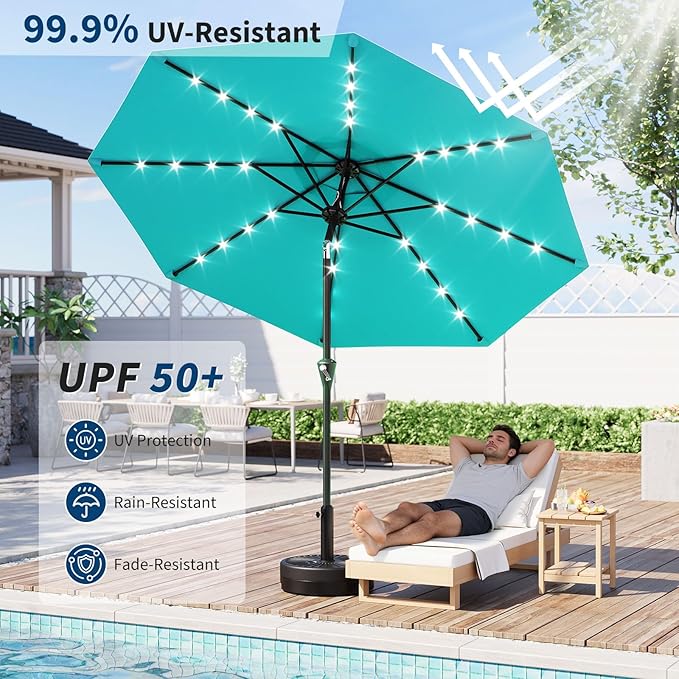 Garvee 9FT Solar Patio Umbrella with 32 LED Lights - Outdoor Table Umbrella with Crank Lift, Push Button Tilt and 8 Sturdy Ribs - Market Umbrella UV Protection for Pool, Deck, Yard, Garden -Sky Blue