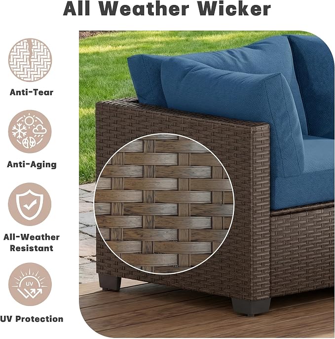 Patio Furniture Set 7 Pieces Conversation Set Wicker Outdoor Sectional Sofa,Ergonomic Armrests Couch with Cushion and Glass Table (Brown-Peacock Blue, 7 Piece-Single)