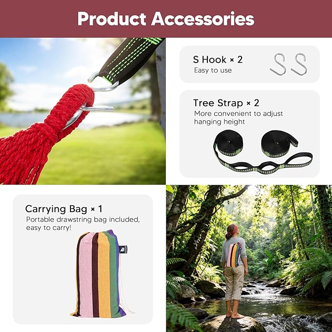 SUNCREAT Hammocks Outdoor Camping Double Hammock with Spreader Bar, Carrying Bag, Backyard Hammock for Outside, Red & Yellow