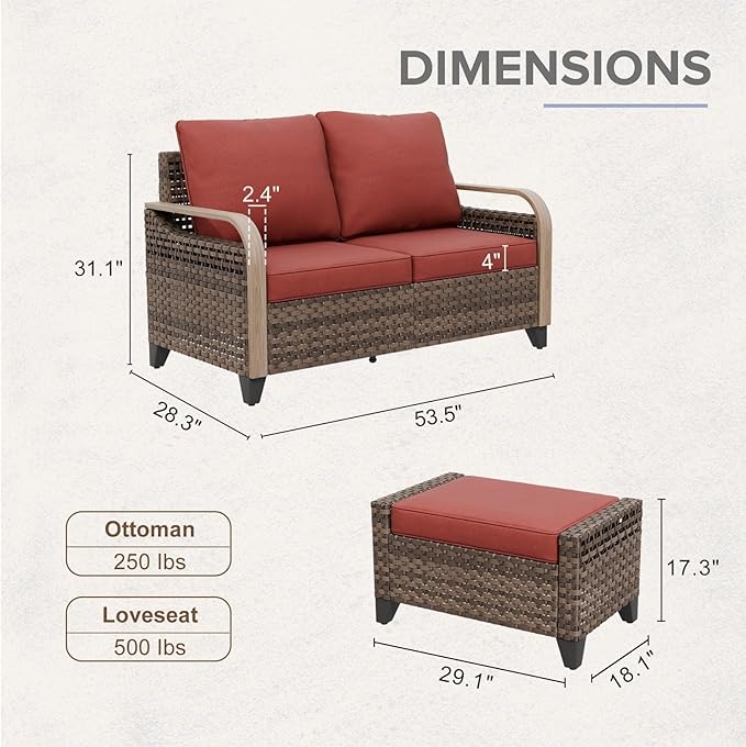 COOS BAY Modern Wicker Outdoor Furniture Set, 3 Piece Patio Conversation Set with a Loveseat and 2 Ottomans, 3 Piece, Brown/Red
