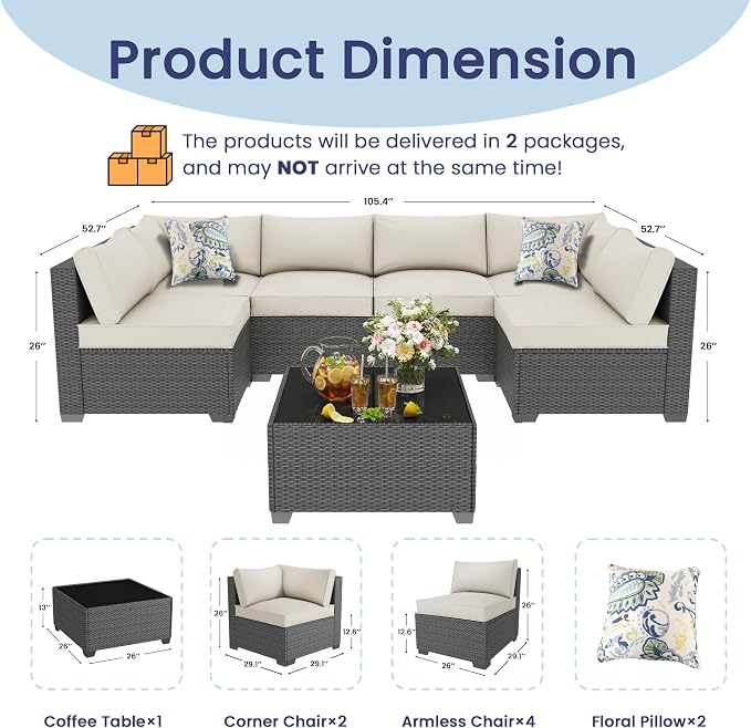 olimix 7 Piece Outdoor Patio Furniture Set, Outdoor Sectional Furniture, Rattan & Wicker Modern Modular Conversation Set Sofa Couch W/Water Resistant Washable Thick Cushions, Black/Beige
