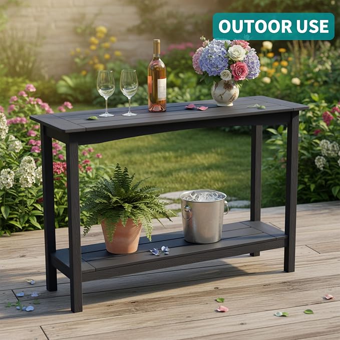 Outdoor Console Table, All-Weather 2-Tier Patio Console Table, Outside Plant Stand Table, Low Maintenance, Never Rot or Fade, HIPS Table for Indoor, Backyard, Garden, Entryway, Black