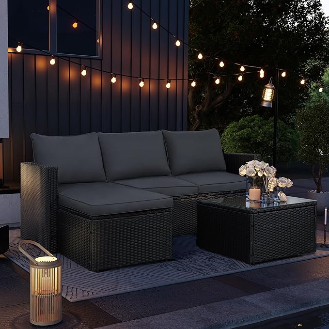 SUNLEI 3-Piece Patio Sectional Sofa, Patio Furniture Set with Detachable Soft Cushions, Outdoor PE Rattan Patio Conversation Sofa Set with Glass Coffee Table & Ottoman, Black Rattan/Grey