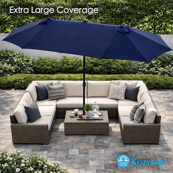 Kozyard 15 FT Double-Sided Rectangular Patio Umbrella, Base Included, Crank Lift Outdoor Patio Umbrella with UV Protection for Backyard, Pool & Garden Navy Blue