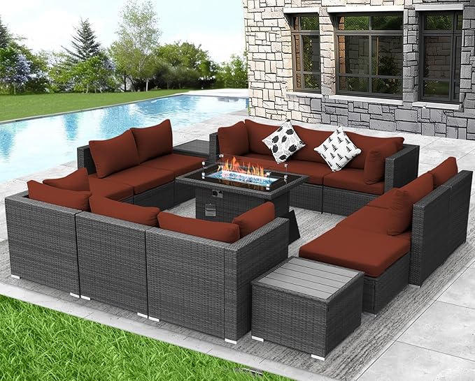 NICESOUL 15 Piece Outdoor Sectional with Fire Pit Table, Modern Luxury Patio Deep Seating w/Firepit, 29.3'' High-Back Wicker Couch Thick, Big High-Weight Capacity Sofa for Terrace, Yard, Gray & Red