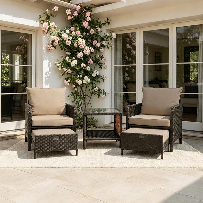 5 Piece PE Wicker Patio Furniture Set, Outdoor Conversation Chairs with Pull Out Hidden Ottoman, Soft Cushions & Glass Coffee Table, Wicker Bistro Set for Porch, Garden, Balcony, Poolside (Brown)
