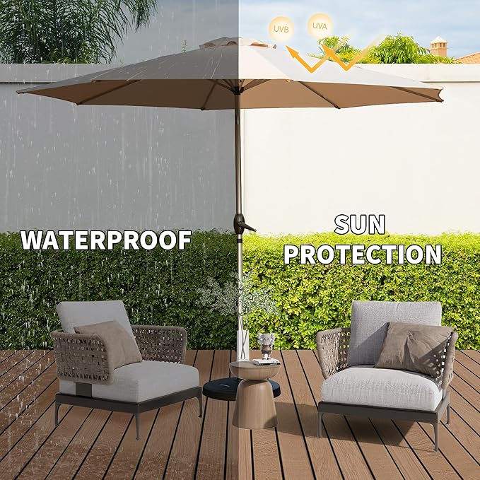 Domi 9FT Patio Umbrella, Outdoor Table Umbrella with Aluminum Pole, UV Protection Waterproof Market Sun Umbrella with Push Button Tilt and Crank for Garden, Deck, Backyard, Pool (Beige)