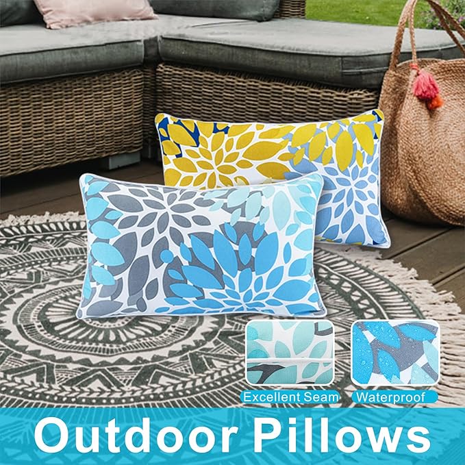 JMGBird Outdoor Lumbar Pillows 2-Pack Waterproof 12x20 Throw Pillows with Inserts - Blue & Yellow Pattern UV Fade Resistant Patio Cushions