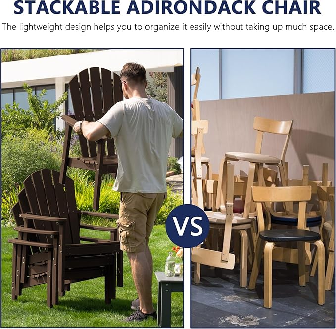 nevilywood Compact Stackable Adirondack Chairs Set of 2,HDPE,380lbs,Coffee | 26.3" Wide HDPE.All-Weather Outdoor.Maintenance-Free.Stackable for Storage.25°Curved Straight Backrest.Quick Assembly
