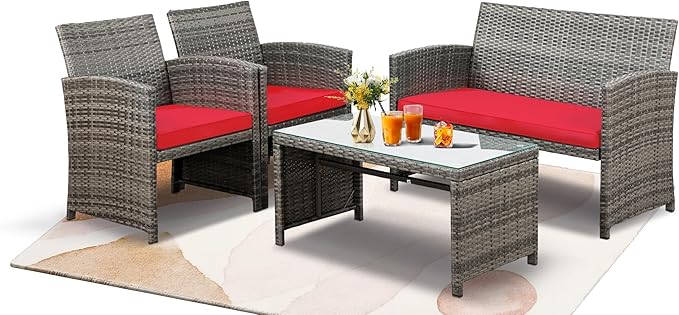 SUNLEI 4 Pcs Outdoor Patio Furniture Sets, Rattan Chair Wicker Conversation Set, Backyard Porch Garden Poolside Gray Rattan Sofa Chair with Cushion for Outdoor Indoor Use (Red)