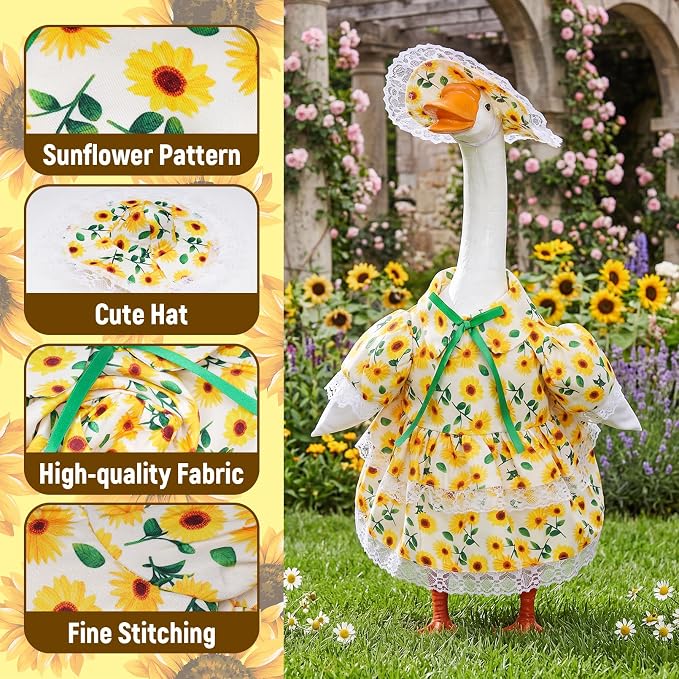Spring Porch Goose Outfit Sunflower Porch Goose Clothes for 23 Inch Lawn Cement or Plastic Geese Statue Geese Skirt Costume with Hat Dress for Spring Outdoor Patio Garden Holiday Decoration