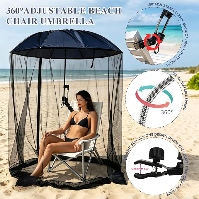 41.2" Umbrella with Mosquito Net for Beach Chairs, Stroller, Camping, Include Adjustable Universal Clamp, Drawstring Bag, Sandbags, Portable Sun Umbrella with Mosquito Mesh, Not Include Chair