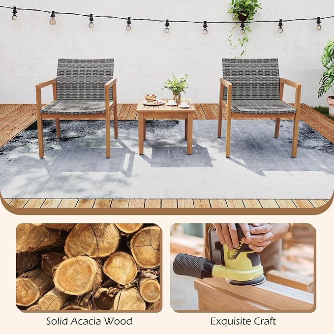 HAPPYGRILL 3 Pieces Patio Furniture Set, PE Rattan Patio Bistro Set with Chairs & Coffee Table, Outdoor Acacia Wood Conversation Set for Garden, Backyard, Poolside & Porch
