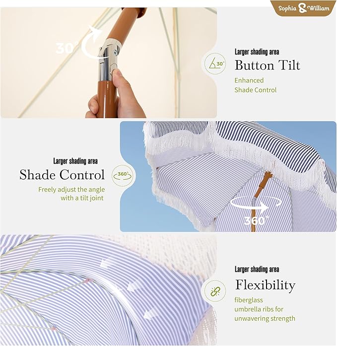 Sophia & William 7ft Outdoor Beach Umbrellas with Fringe, Portable Tilt Umbrellas for Sand, Patio, Lawn, Garden, Pool, Outing, Balcony