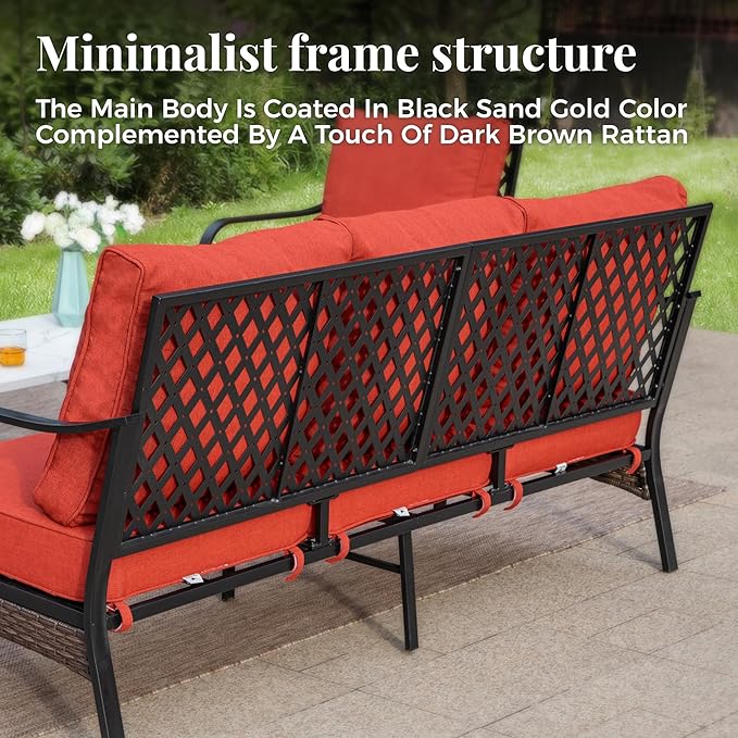 Patio Furniture Set with Firepit Table, Black Frame Outdoor Conversation Set with 2 x Swivel Chairs, 1 x 3-Seat Sofa for Lawn Garden Backyard, Red