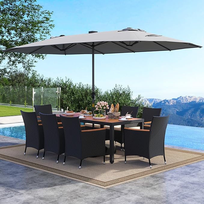 Tangkula 11 Pieces Patio Dining Set with Double-Sided Led Patio Umbrella (Base Included), with 8 Stackable Chairs, Acacia Wood Dining Table and Large Umbrella with Solar Lights (Grey + Off White)