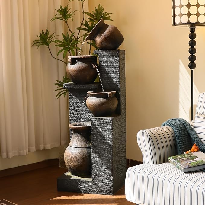 Resin Outdoor Water Fountain 4-Tier Jar Waterfall - Quiet Pump, LED Lights, Rustic Jar Cascading Water Feature for Garden Patio Backyard Decor, 53" H Fountain, Grey