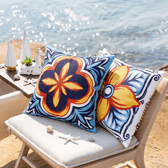 Outdoor Pillow Covers, 18x18 Inch Set of 4 Floral Printed and Boho Decorative Summer Outdoor Waterproof Throw Pillow Covers for Patio Funiture Garden (Blue Orange)
