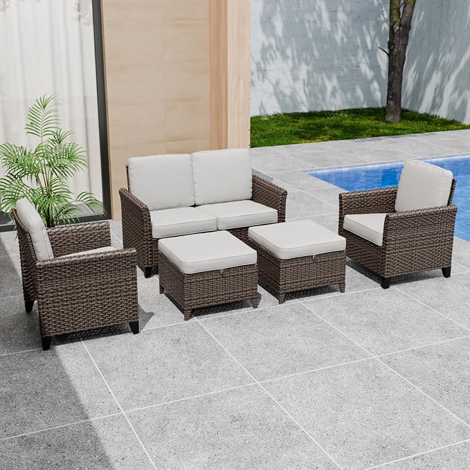 COOS BAY Harbor Retreat 5 Piece Outdoor Furniture Set, Patio Conversation Set with Patio Chairs, 2 Seat Loveseat and Ottomans, Wicker Furniture, Brown/Beige