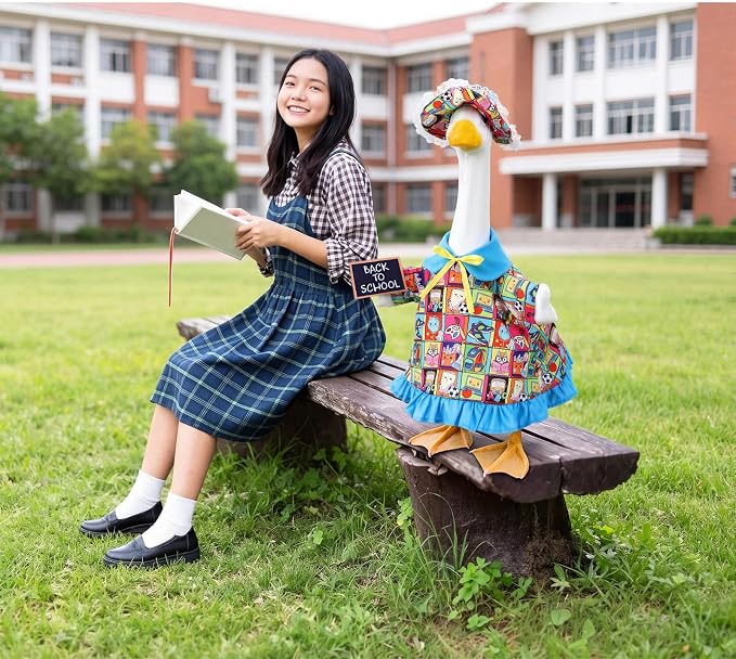 Outus Back to School Porch Goose Outfits Includes Blue Sun Hat and Blue Notebook Shirt First Day of School Classroom Goose Clothing for Outdoor Garden Yard Patio Lawn 23" Statue