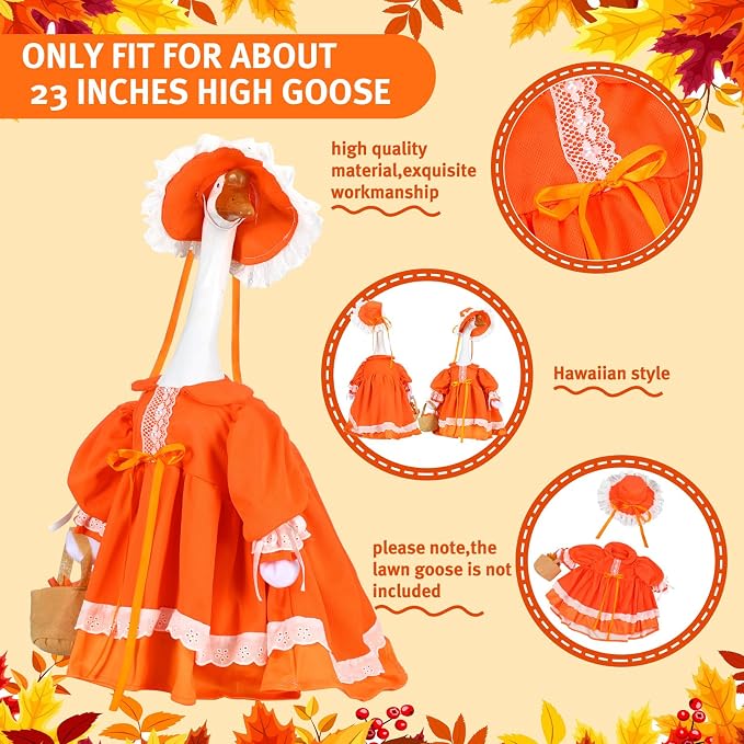 Soulchen Fall Porch Goose Outfit Set 23" Cute Lolita Goose Clothes Dress and Hat Costume Set for Fall Patio Yard Lawn Statue Decor