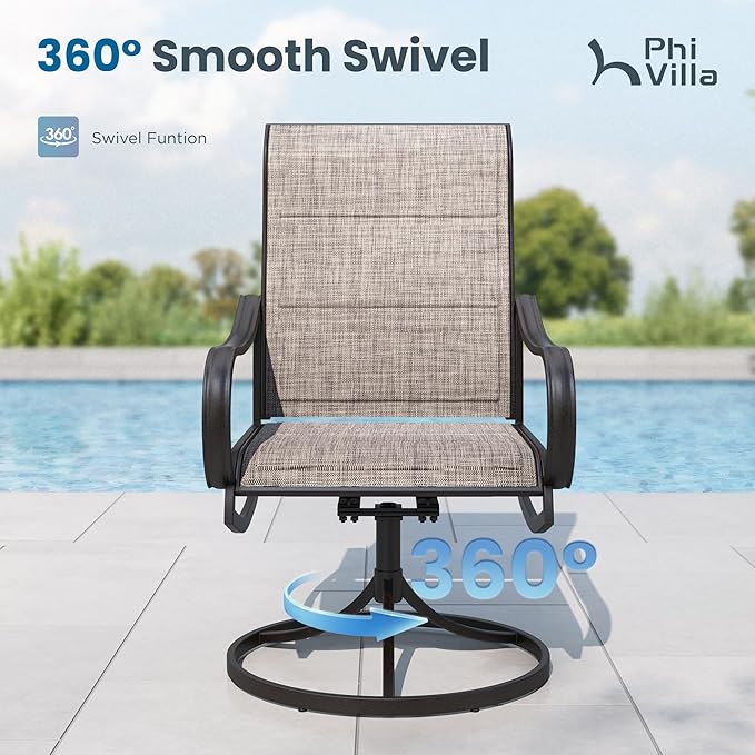 PHI VILLA 5 PCS Patio Dining Set, 4 Padded Swivel Dining Chairs & Square Brown Metal Slat Table Top with 1.57" Umbrella Hole, Outdoor Table and Chairs for All Weather