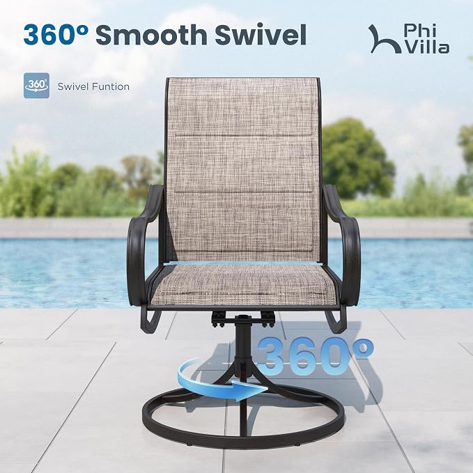 PHI VILLA 9 Piece Outdoor Dining Set W/Swivel Chairs, Grayish Brown | High back padded chairs，All weather reistant, Rectangular metal table, 8 person, Umbrella hole, Patio deck backyard