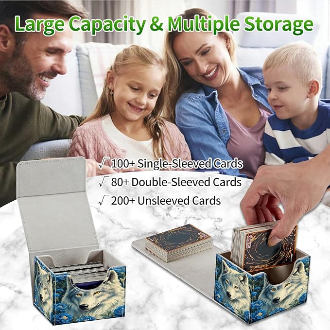 Card Deck Box for MTG, Cards Storage Box Fits 120+ Sleeved, Leather Small Size Strong Magnetic Closing Card Case for Board Games Magic TCG CCG Baseball Collection, Purple Flower Wolf