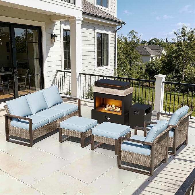 6 Pieces Metal Wicker Patio Furniture Set - 75" Sofa, Two Armchairs and Two Ottomans, One Fireplace All Weather Rattan Outdoor Conversation Furniture with Washable Cushion for Deck Porch, Baby Blue