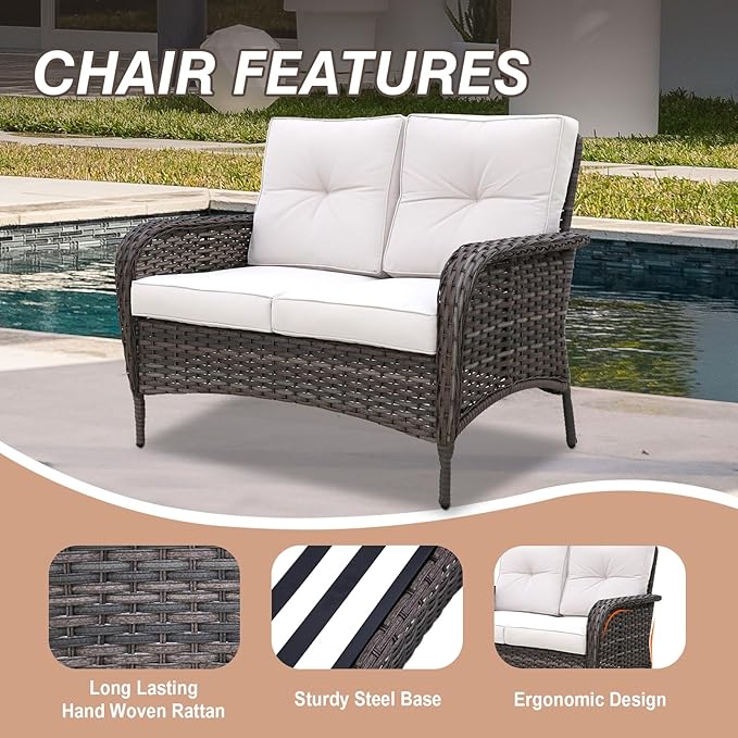 COOS BAY Vintage Courtyard Patio Furniture Set, Wicker Outdoor Furniture, Patio Conversation Sets, 2 Chairs, 2 Rocking Chairs, Loveseat, Coffee Table and Side Table, 7 Pieces, Gray/Beige