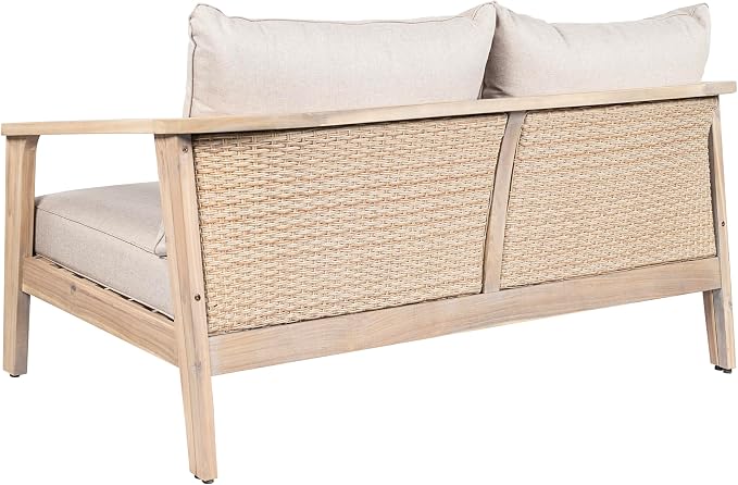 Merax Outdoor Wood and Wicker Loveseat, Light White Finish with Beige Cushion, Acacia Wood 2-Seater Patio Garden Sofa