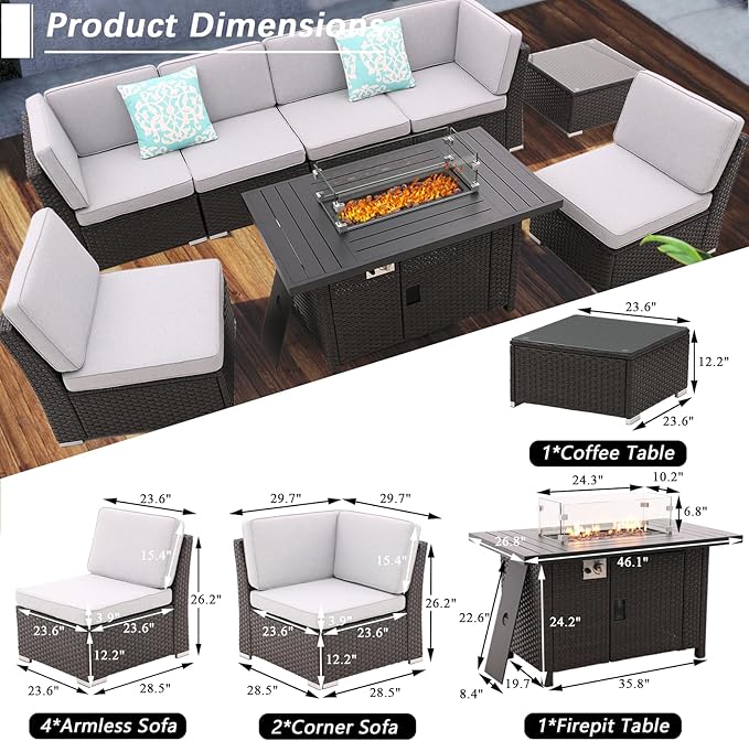 Patio Sofa Set with 46 Inch Propane Firepit Table Coffee Table Outdoor Sectional Set Patio Conversation Set Patio Furniture Sets All Weather with Thick Cushion Rattan Weaving