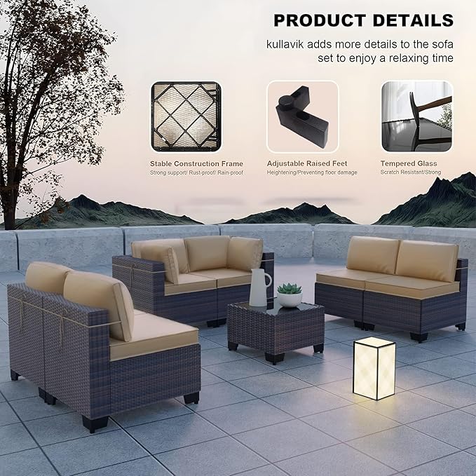 Kullavik 10PCS Outdoor Patio Furniture Set,PE Wicker Rattan Sectional Sofa Patio Conversation Sets with Tempered Glass Table,Swivel Rocking Chairs Set,Sand