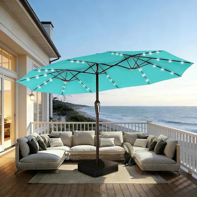 15FT Patio Umbrella with Solar Lights, Double-Sided Extra Large Outdoor Table Umbrella with Base Included, Heavy-Duty 12 Iron Ribs Market Umbrella for Garden, Pool, Backyard, Aqua Blue