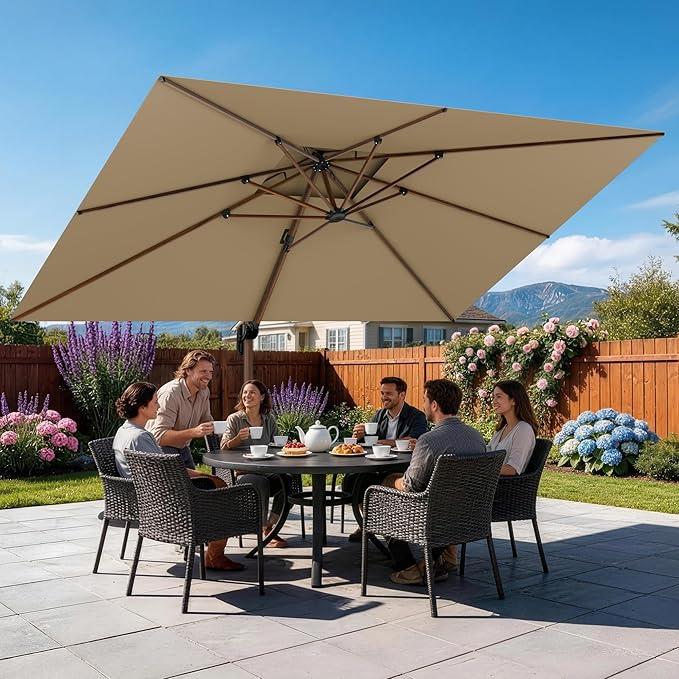 GENTEACO 10x13FT Rectangle Cantilever Patio Umbrella w/Base Included, Deluxe Wood Pattern Pole & 7 Angle Tilts, 360° Rotation, Offset Hanging Market Umbrellas for Garden Pool Patio, Tan