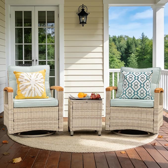 MEISSALIVVE 3 Piece Outdoor Swivel Rocking Chairs, Patio Furniture Bistro Set with 360° Wood Armrests Swivel Glide Chairs and Side Table for Deck Yard and Poolside (Blue)