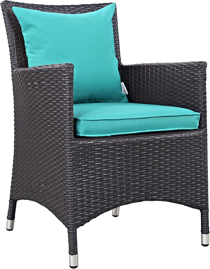Modway Convene Wicker Rattan Outdoor Patio Dining Armchairs With Cushions in Espresso Turquoise - Set of 4