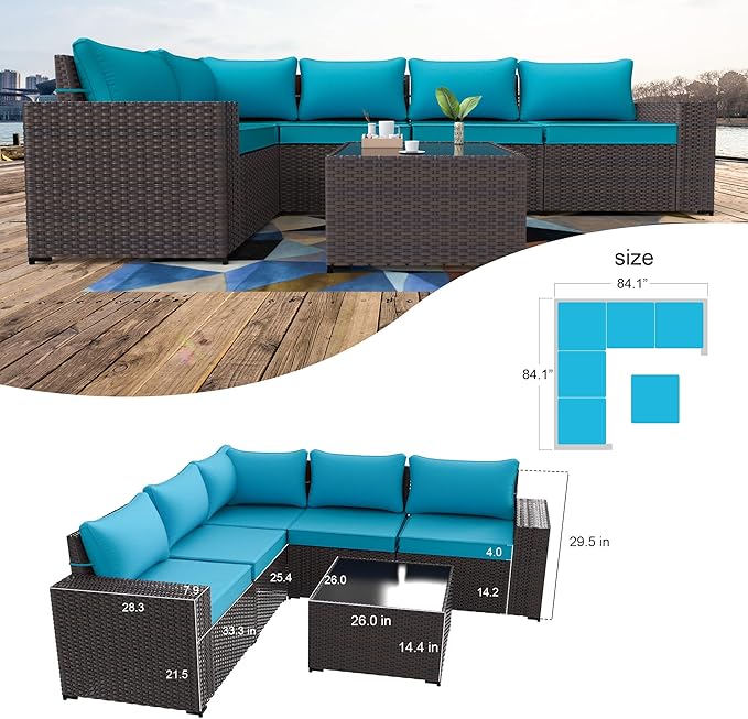 Kullavik Outdoor Patio Furniture Set 6 Pieces Sectional Rattan Sofa Set Brown PE Rattan Wicker Patio Conversation Set with 5 Seat Cushions and 1 Tempered Glass Table, Turquoise Blue