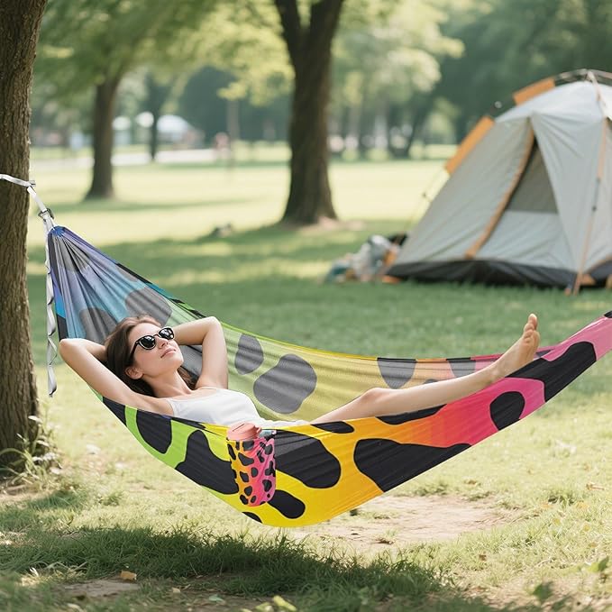 Chic Rainbow Leopard Print 330lb Capacity Outdoor Hammock with Tree Straps Rope Hammock for Outside Beach Patio Garden hamacas para adultos con soporte