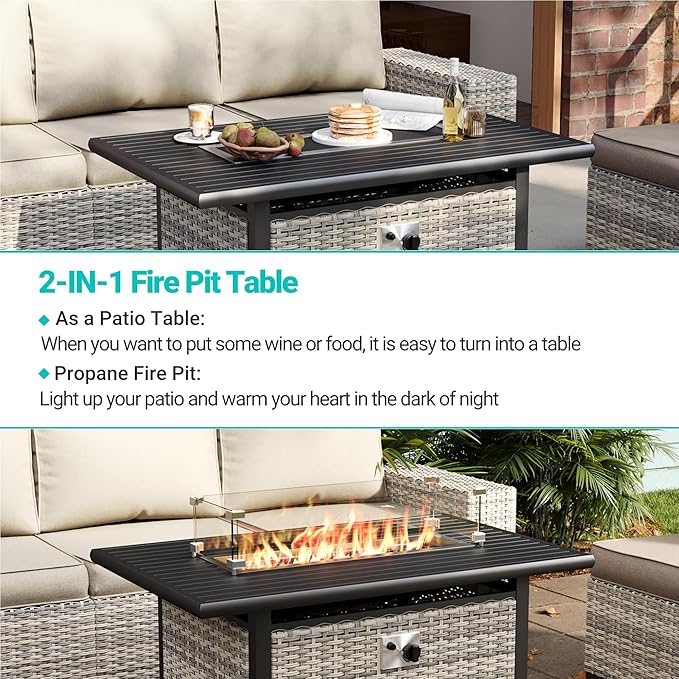 7Pcs Patio Rocking Swivel Chair with 55,000 BTU Fire Pit Table Outdoor Wicker Rattan Bistro Set with Tempered Glass Side Table, Outdoor Patio Furniture Set for Garden and Balcony, White