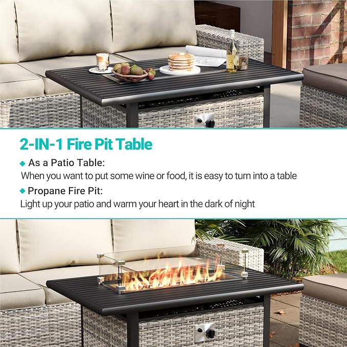 12-Piece Outdoor Patio Furniture Set with Rocking Swivel Chair, PE Wicker Rattan Sectional Sofa 55,000 BTU Fire Pit Table Patio Conversation Set with Ottomans and Chunky Arms,
