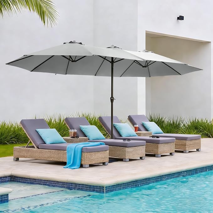 15FT Large Patio Umbrellas with Base Included, Outdoor Double-Sided Rectangle Big Market Umbrella with Stand, Outside Umbrellas for Poolside Lawn Backyard,Light Gray