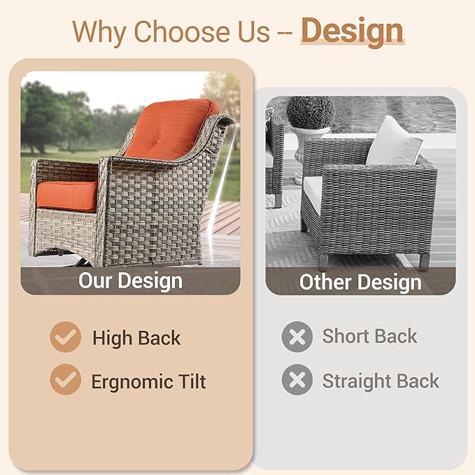 HOOOWOOO Patio Furniture Set,5 Pieces Wicker Outdoor Furniture,High Back Conversation Set with All Weather Resistant Fire Pit Table Couch Loveseat Chairs,Orange Red