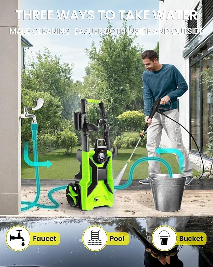 𝐄𝐥𝐞𝐜𝐭𝐫𝐢𝐜 𝐏𝐨𝐰𝐞𝐫 𝐖𝐚𝐬𝐡𝐞𝐫 𝟓𝟎𝟎𝟎𝐏𝐒𝐈 Adjustable Pressure, Power Wahser Powered with 33FT Pipe, 4 Nozzles for Home/Cars/Fences, Green