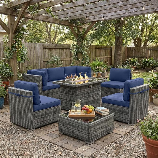 LayinSun 8 Piece Patio Furniture Set with 44" Propane Gas Fire Pit Table, Outdoor Sectional Conversation Set Wicker Rattan Sofa Set with Coffee Table