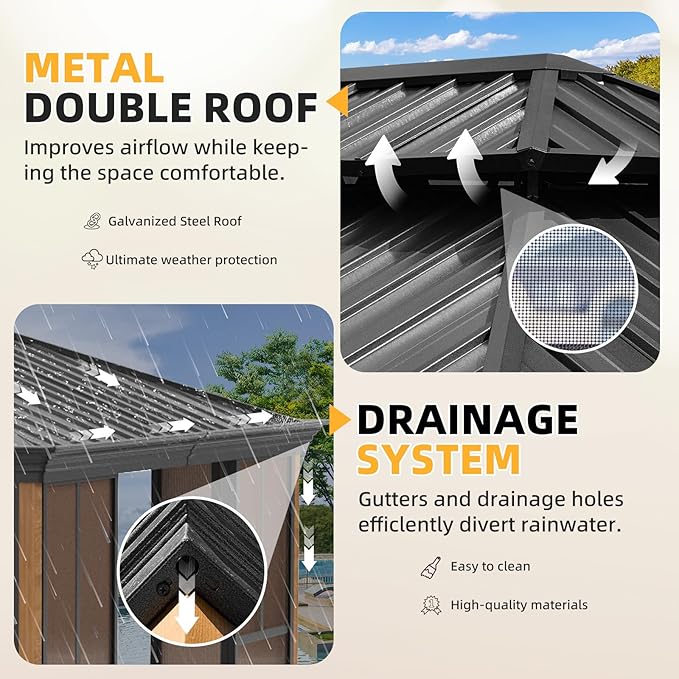 EROMMY 12' X 14' Hardtop Sunroom, Galvanized Steel Double Roof Gazebo Solarium with Wood Grain Aluminum Frame & Detachable Windows, All-Weather Sun Room for Patio Deck Backyard
